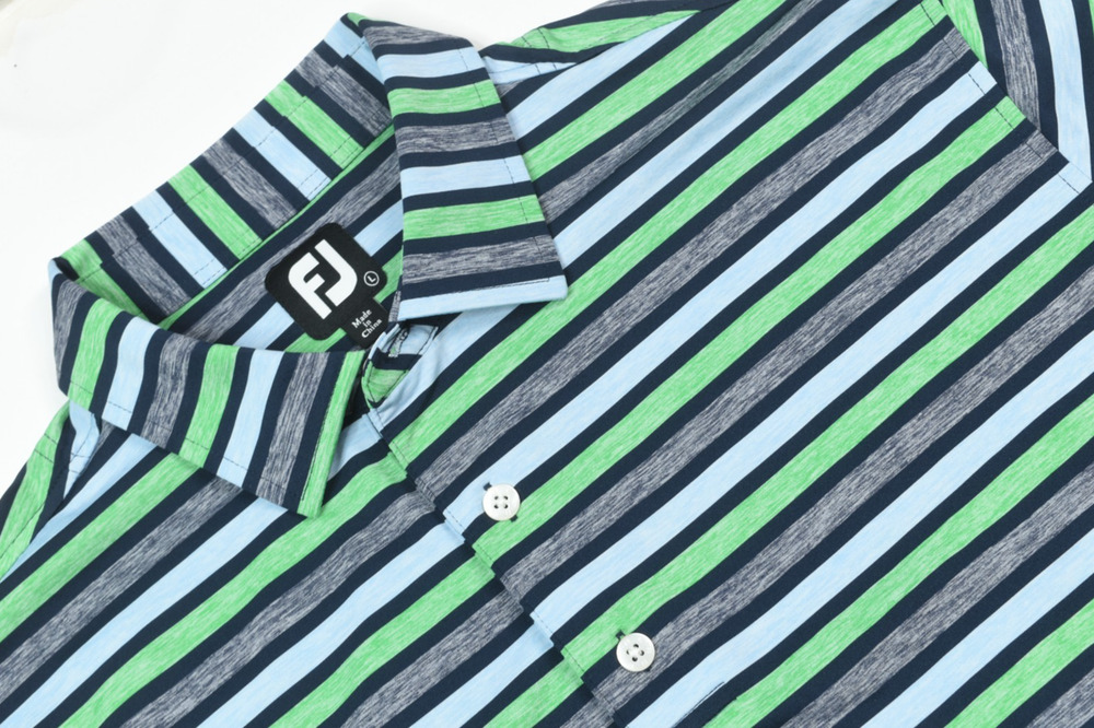 FootJoy Polo Shirt Mens Large Green Gray Striped Short Sleeve Stretch Classic